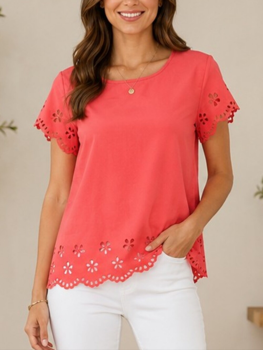 E (hanger) M Coral Pink Laser-Cut Floral Top – Size Small